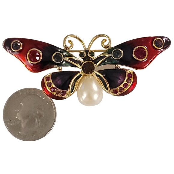 Joan Rivers Gold Tone Enamel Rhinestone Faux Pearl Butterfly Brooch, Signed K523 - Picture 6 of 9